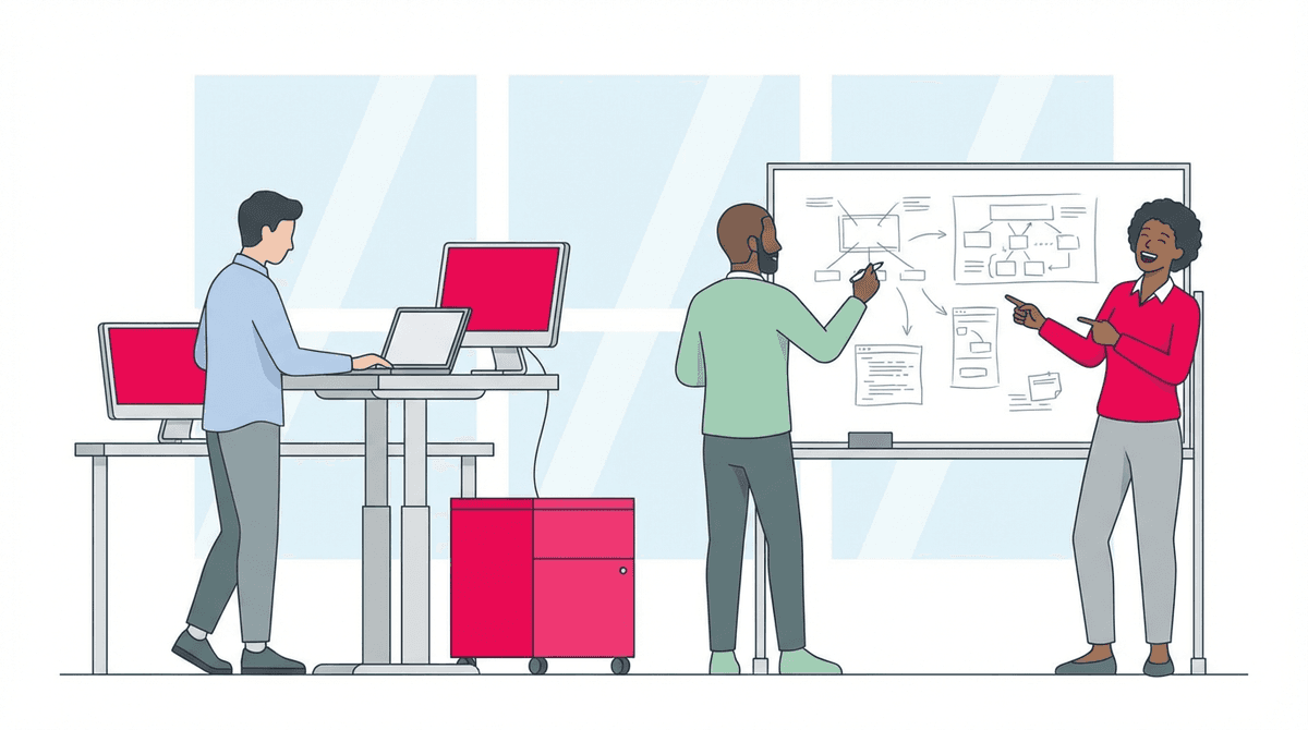 Modern tech team collaborating in a workspace